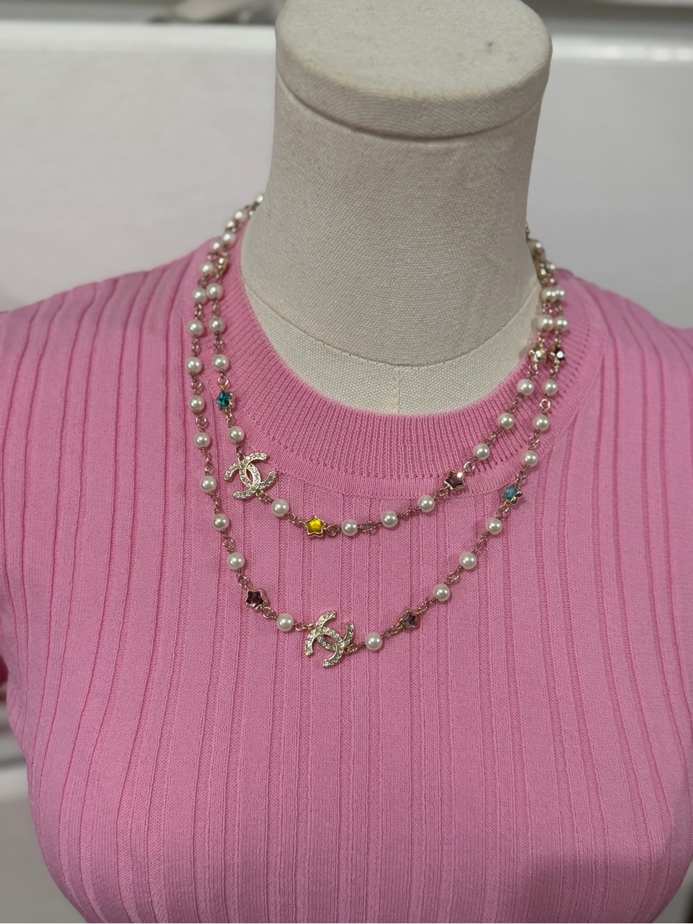Chanel Pink Pearl Double-Strand Logo Necklace